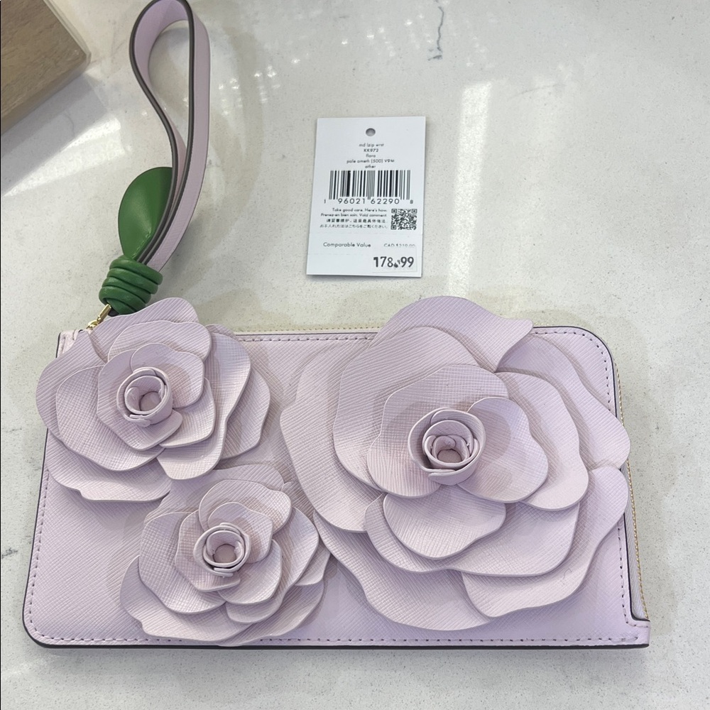 kate spade Lilac Floral Appliqué Wristlet Clutch with Green Loop